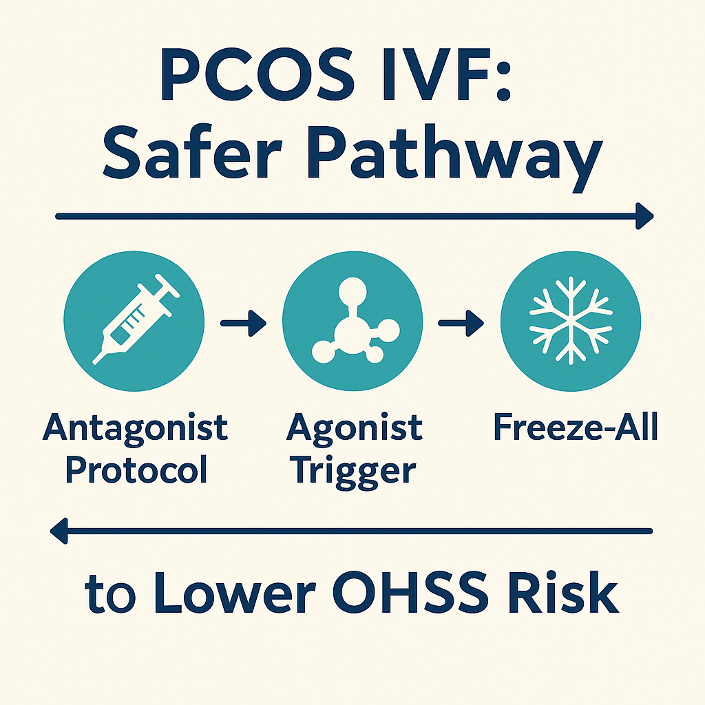 PCOS IVF: antagonist protocol, agonist trigger, freeze‑all to lower OHSS risk